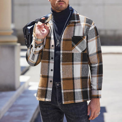 Men's Relaxed Fit Flannel Shirt | Vintage Check Pattern | Lapel Collar | Long Sleeve | Warm & Soft | Earthy Tones | Casual & Versatile | For Layering | Ideal for Fall & Winter |