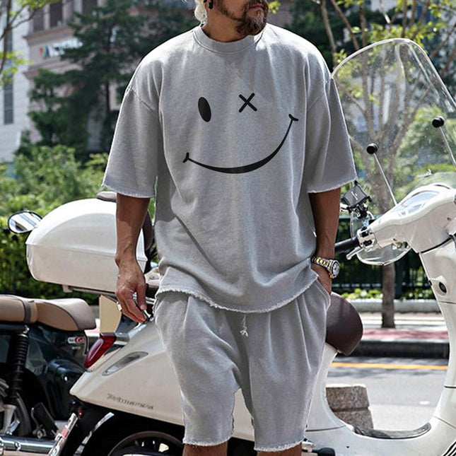 Men's Casual T-Shirt and Shorts Set | Loose Fit | Smiley Print | Cotton Blend | Round Neck | Short Sleeve | Short Pants | Mid Waist | Spring Summer Autumn Wear | Comfortable Street Style
