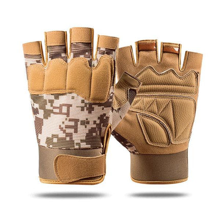 Breathable Half-Finger Tactical Gloves | Nylon Cotton Microfiber | Non-Slip Outdoor Sports | Cycling Hiking Skiing | Sand Army Green Black Camouflage | Knuckle Palm Protection | Hook and Loop Fastener