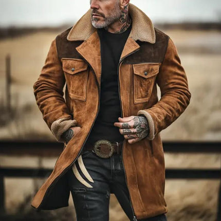 Men's Suede & Polar Fleece Colorblock Coat | Mid-Length Lapel Jacket | Regular Fit | Warm Winter Outerwear | Long Sleeve | Button Closure | Casual & Semi-Formal Wear | Pockets