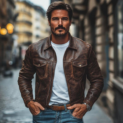 Men's Vintage Leather Jacket | Distressed Lapel Design | Slim Fit | Zipper Closure | High-Quality Material | Versatile Style | Functional Pockets | Timeless Fashion | Multiple Sizes Available