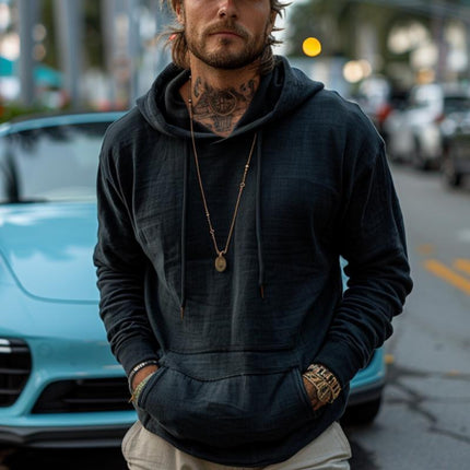 Men's Retro Hoodie | Solid Color | Kangaroo Pocket | Round Neck with Adjustable Hood | Long Sleeves with Ribbed Cuffs | Cotton Blend Fabric | Casual Streetwear | Versatile Layering | Daily Fall Winter Apparel