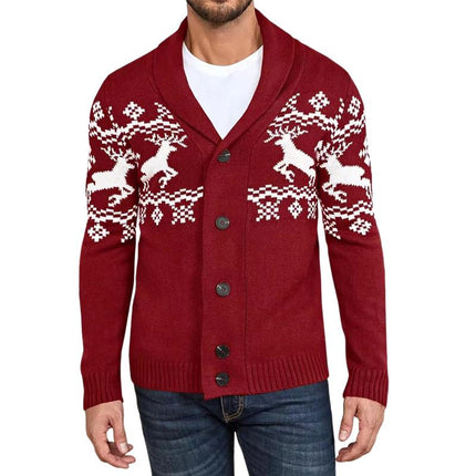 Men's Elk Jacquard Knit Cardigan | Shawl Collar | Long Sleeve | Ribbed Cuffs | Soft Warm Durable Knit | Open-Front Design | Versatile Layering Piece | Fall Winter Wardrobe Essential
