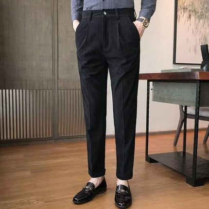 Men's Corduroy Straight Fit Suit Pants | Mid-Rise Waist | Full-Length | Soft Solid Color | Business Casual or Semi-Formal Outings | Warm Fall Winter Trousers | Versatile Styling with Shirts and Jackets