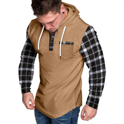 Men's Hoodie | Casual Checkered Color Block | Button-Up Design | Long Sleeve | Soft Cotton Blend | Adjustable Hood | Functional Pockets | Hip-Length | Comfortable Fit | Stylish Layering | Ideal for Fall & Spring