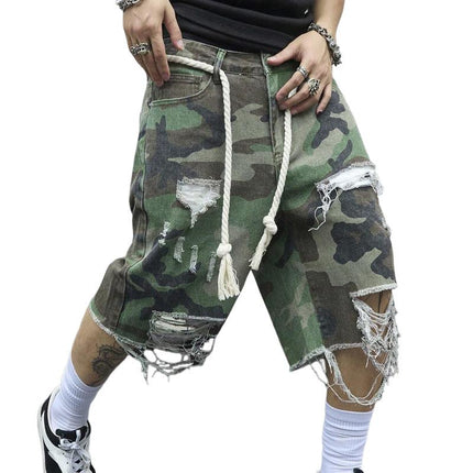 Men's Camouflage Ripped Cropped Trousers | Slim Fit | Cotton Spandex Blend | Vintage Washed | Casual Streetwear | Distressed Ankle Length Pants | Spring Summer Fall Fashion