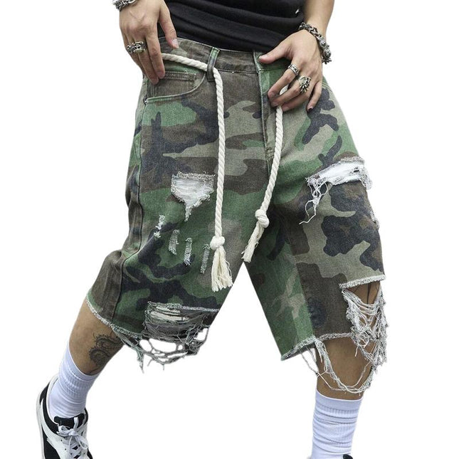 Men's Camouflage Ripped Cropped Trousers | Slim Fit | Cotton Spandex Blend | Vintage Washed | Casual Streetwear | Distressed Ankle Length Pants | Spring Summer Fall Fashion