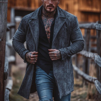 Men's Suede Trench Coat | Solid Color | Mid-Length Lapel Collar | Regular Fit | Long Sleeves | High-Quality Outerwear | Ideal for Fall & Spring | Smart Casual & Formal Wear | Versatile Men's Coat