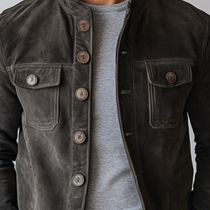 Men's Vintage Suede Jacket | Single Breasted | Stand Collar | Classic Fit | Long Sleeve | Premium Faux Suede | Lightweight | Solid Color | Casual to Smart Casual | Fall & Spring Outerwear