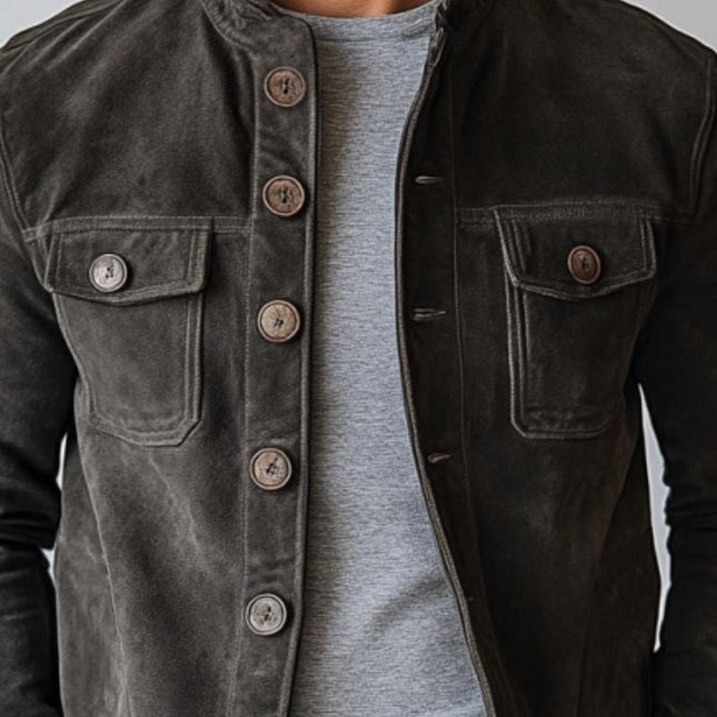 Men's Vintage Suede Jacket | Single Breasted | Stand Collar | Classic Fit | Long Sleeve | Premium Faux Suede | Lightweight | Solid Color | Casual to Smart Casual | Fall & Spring Outerwear