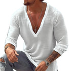 Men's V-Neck Long Sleeve T-Shirt | Cotton Linen Blend | Loose Fit Casual Top | Breathable Fabric | Comfortable Everyday Shirt | Versatile Style | Available in Multiple Sizes and Colors
