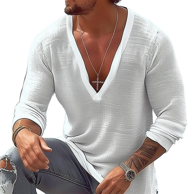 Men's V-Neck Long Sleeve T-Shirt | Cotton Linen Blend | Loose Fit Casual Top | Breathable Fabric | Comfortable Everyday Shirt | Versatile Style | Available in Multiple Sizes and Colors
