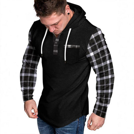 Men's Hoodie | Casual Checkered Color Block | Button-Up Design | Long Sleeve | Soft Cotton Blend | Adjustable Hood | Functional Pockets | Hip-Length | Comfortable Fit | Stylish Layering | Ideal for Fall & Spring