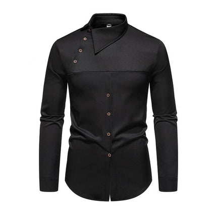 Men's Slim Fit Long Sleeve Shirt | Asymmetric Hem | Slanted Placket | Lapel Collar | Casual & Stylish | Premium Cotton Blend | Adjustable Cuffs | Versatile Dress Shirt for Men