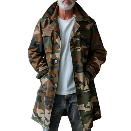 Men's Camouflage Trench Coat | Lapel Collar | Single Breasted | Mid-Length | Cargo Pockets | Durable Fabric | Adjustable Cuffs & Waist | Weather-Resistant | Outdoor Jacket | Sizes S to XXXL