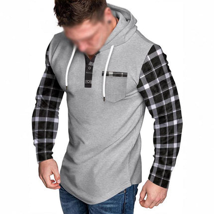 Men's Hoodie | Casual Checkered Color Block | Button-Up Design | Long Sleeve | Soft Cotton Blend | Adjustable Hood | Functional Pockets | Hip-Length | Comfortable Fit | Stylish Layering | Ideal for Fall & Spring