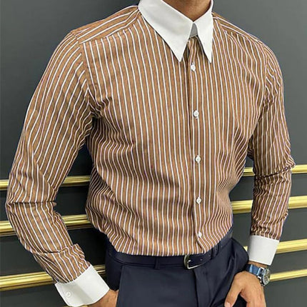Men's Long Sleeve Striped Colorblock Shirt | Lapel Collar | Buttoned Cuffs | Casual Wear | Classic Style | Comfortable Fabric | Versatile Outfit