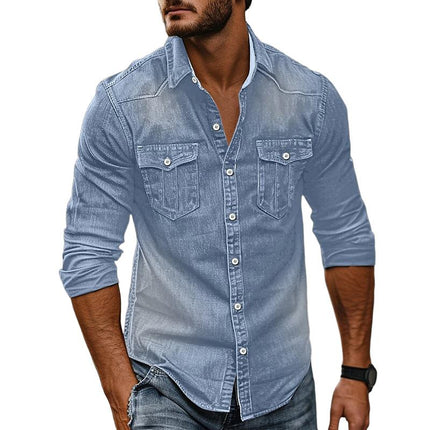 Men's Vintage Washed Denim Shirt | Distressed Lapel Design | Long Sleeve | Indigo Blue | Casual & Semi-Formal Versatility | Soft Cotton Fabric | Sizes S-2XL | Machine Washable