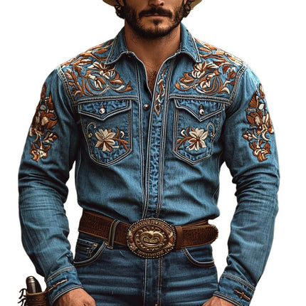 Men's Western Style Denim Shirt | Embroidered Lapel | Long Sleeve | Chest Pocket | Cowboy Aesthetic | Durable Casual Wear | Buttoned Cuffs | Versatile Fashion | Blue Denim | Classic Western Charm