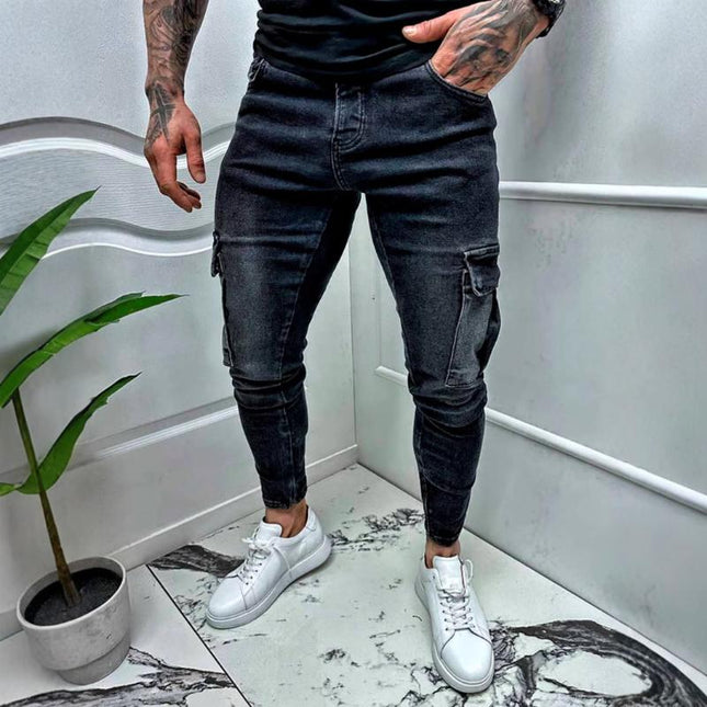 Men's Vintage Distressed Slim Fit Jeans | Multi-Pocket | Adjustable Waist | Classic Stone Wash | Premium 100% Cotton Denim | Durable Metal Rivets | Versatile Style | Casual & Everyday Wear