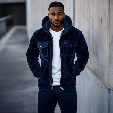 Men's Vintage Velvet Hooded Jacket | Multi-Pocket Slim Fit | Zip-Up | Soft Luxurious Fabric | Casual Outerwear | Lightweight & Stylish | Retro Modern Design