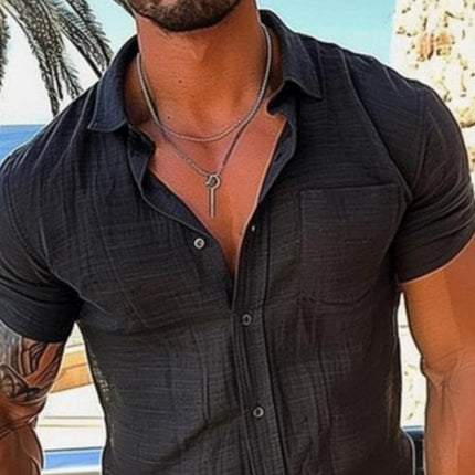 Men's Summer Shirt | Casual Cotton Linen Blend | Short Sleeve Button Down | Breathable Relaxed Fit | Solid Color | Straight Hem | Chest Pocket