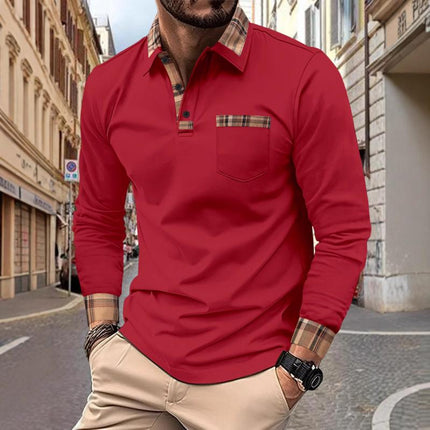 Men's Long Sleeve Polo Shirt | Checked Stitching Design | Casual Lapel Collar | Soft Breathable Fabric | Smart-Casual Versatile Style