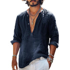 Men's Long Sleeve V-Neck Button Down Shirt | Vintage Style | Solid Color | Regular Fit | Cotton Linen Blend | Casual Smart Casual | Fall Winter Spring Wear | Comfortable Durable |