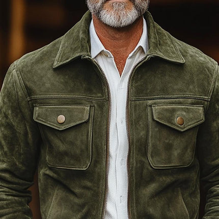 Men's Suede Jacket | Striped Trim | Lapel Collar | Chest Pocket | Zipper Closure | Casual Outerwear | Long Sleeve | Soft Suede Material | Versatile Styling | Available S to 3XL | Timeless Design
