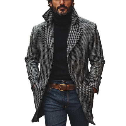 Men's Wool Blend Coat | Classic Houndstooth Pattern | Notch Lapel | Single Breasted | Mid-Length | Versatile Outerwear for Formal & Casual Wear | Warm & Durable | Practical Pockets