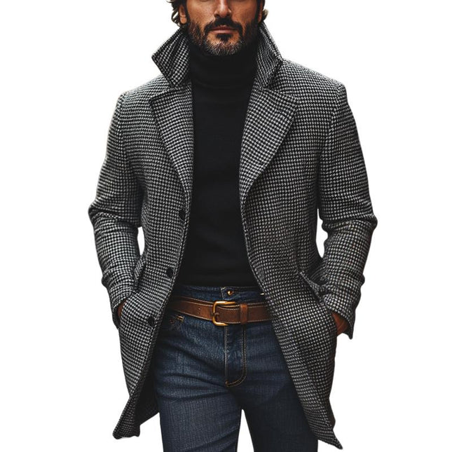 Men's Wool Blend Coat | Classic Houndstooth Pattern | Notch Lapel | Single Breasted | Mid-Length | Versatile Outerwear for Formal & Casual Wear | Warm & Durable | Practical Pockets