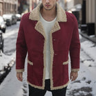 Men's Shearling Coat | Solid Color | Wide Shearling Collar | Suede-Like Fabric | Mid-Thigh Length | Relaxed Fit | Long Sleeves | Button Closure | Casual to Smart-Casual | Fall & Winter Essentials
