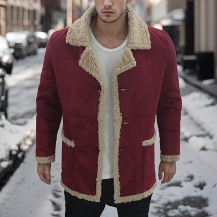 Men's Shearling Coat | Solid Color | Wide Shearling Collar | Suede-Like Fabric | Mid-Thigh Length | Relaxed Fit | Long Sleeves | Button Closure | Casual to Smart-Casual | Fall & Winter Essentials
