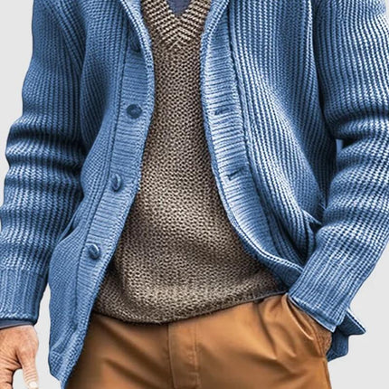 Men's Knit Cardigan | Solid Color | Lapel Collar | Single Breasted | Dual Side Pockets | Horn Buttons | High-Quality Knit Fabric | Tailored Fit | Warm and Comfortable | Light Blue | Outerwear