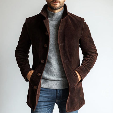 Men's Suede Coat | Single Breasted Mid-Length | Solid Color | Notched Lapel Collar | Streamlined Fit | Long Sleeves | Versatile Outerwear | Perfect for Fall & Winter | Casual & Semi-Formal Occasions