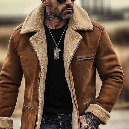 Men's Coat | Fleece Lined Suede | Single Breasted | Multi-Pocket | Lapel Collar | Warm Outerwear | Stylish & Functional | Winter Jacket | Durable Long Sleeve | Premium Suede Fabric | Versatile Layering