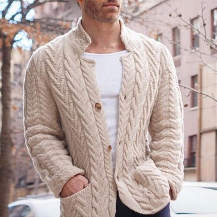 Men's Vintage Cable Knit Stand Collar Cardigan | Single Breasted Button Closure | High Quality Knit | Long Sleeve Loose Fit | Classic Style for Spring, Fall, Winter | Versatile Daily Wear Sweater