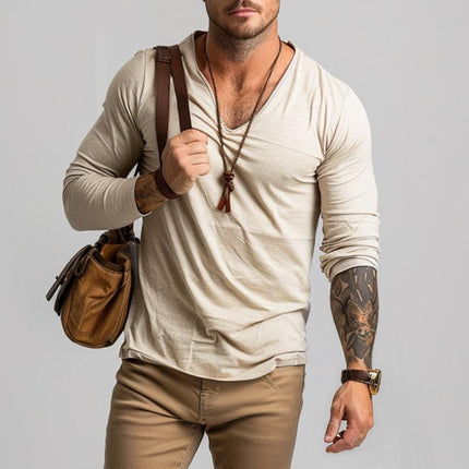 Men's V-neck Slim Fit Long Sleeve T-Shirt | Casual Cotton Top | Breathable Fabric | Stylish Solid Color | Perfect Layering Piece | Comfortable Everyday Wear