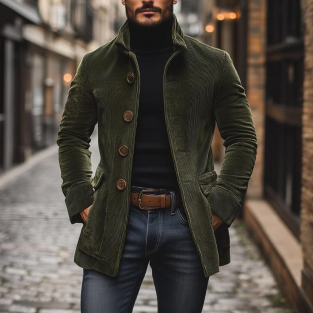 Men's Vintage Corduroy Slim Fit Short Coat | Stand Collar | Single Breasted | Stylish Outerwear for Casual & Semi-Formal | High-Quality Corduroy | Sophisticated Design | Versatile Wardrobe Staple