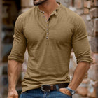 Men's Henley Collar T-Shirt | Long Sleeve | Multi-Button Detail | Soft Cotton Blend | Relaxed Fit | Solid Color | Versatile Casual Layering Essential | Ideal for Fall & Spring | Comfortable Everyday Wear