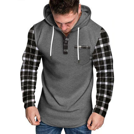 Men's Hoodie | Casual Checkered Color Block | Button-Up Design | Long Sleeve | Soft Cotton Blend | Adjustable Hood | Functional Pockets | Hip-Length | Comfortable Fit | Stylish Layering | Ideal for Fall & Spring
