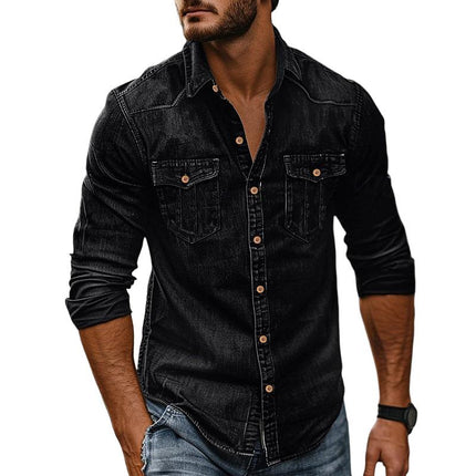 Men's Vintage Washed Denim Shirt | Distressed Lapel Design | Long Sleeve | Indigo Blue | Casual & Semi-Formal Versatility | Soft Cotton Fabric | Sizes S-2XL | Machine Washable