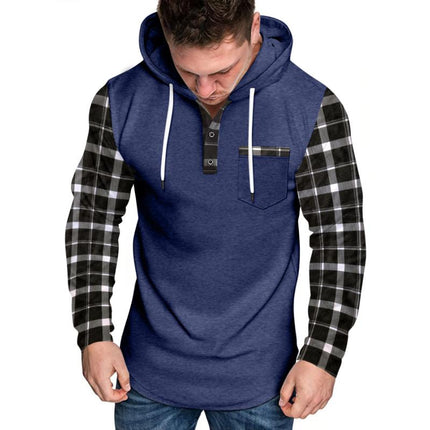 Men's Hoodie | Casual Checkered Color Block | Button-Up Design | Long Sleeve | Soft Cotton Blend | Adjustable Hood | Functional Pockets | Hip-Length | Comfortable Fit | Stylish Layering | Ideal for Fall & Spring