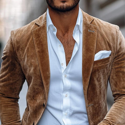 Men's Suede Blazer | Notch Lapel | Two Button Closure | Solid Color | Casual Outerwear | Elegant Long Sleeve | Regular Fit | Soft Textured Fabric | Timeless Design | Available in Multiple Sizes