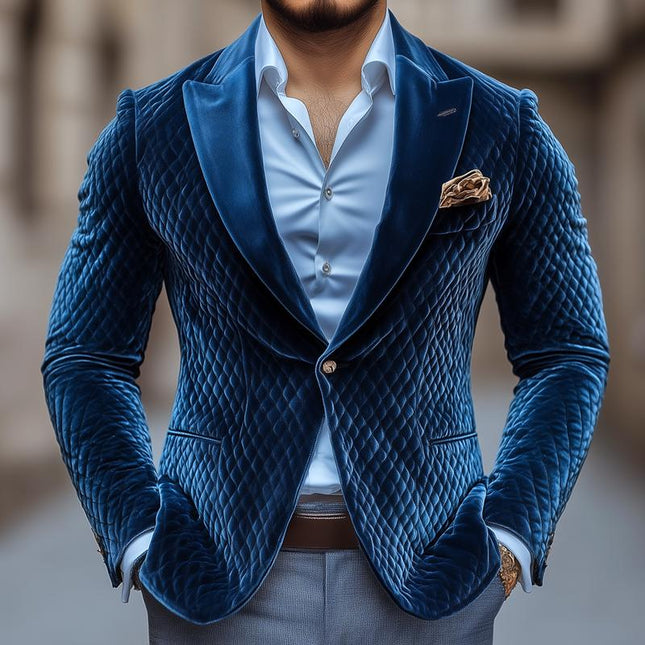 Men's Vintage Blazer | Velvet Peak Lapel | One-Button Closure | Rhombus Pattern | Long Sleeve | Luxury Outerwear | Elegant Casual Style | Soft Touch Velvet | Versatile Design | Sizes Available