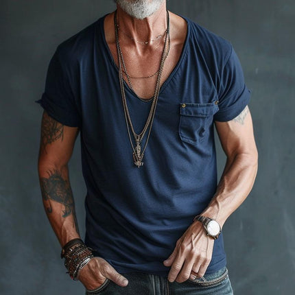 Men's V Neck Short Sleeve T-Shirt | Cotton Casual Top with Cargo Breast Pocket | Comfortable Regular Fit | Soft & Breathable | Versatile for Everyday Wear