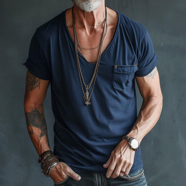 Men's V Neck Short Sleeve T-Shirt | Cotton Casual Top with Cargo Breast Pocket | Comfortable Regular Fit | Soft & Breathable | Versatile for Everyday Wear