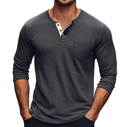 Men's Long Sleeve T-Shirt | Solid Color | Round Neck with Button Detail | Soft Cotton Blend | Regular Fit | Versatile Layering Essential for Casual Wear | Perfect for Fall and Spring | Machine Washable