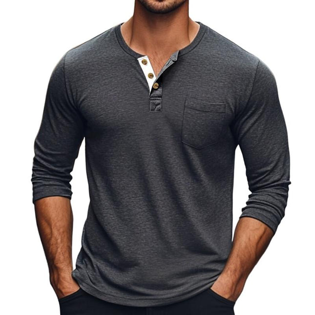 Men's Long Sleeve T-Shirt | Solid Color | Round Neck with Button Detail | Soft Cotton Blend | Regular Fit | Versatile Layering Essential for Casual Wear | Perfect for Fall and Spring | Machine Washable