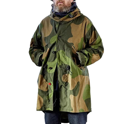 Men's Camouflage Hooded Trench Coat | Durable Cotton Blend | Single Breasted | Adjustable Waist | Military Green | Windbreaker | Front Pockets | Classic Fit | Weather Resistant | Styling Outerwear